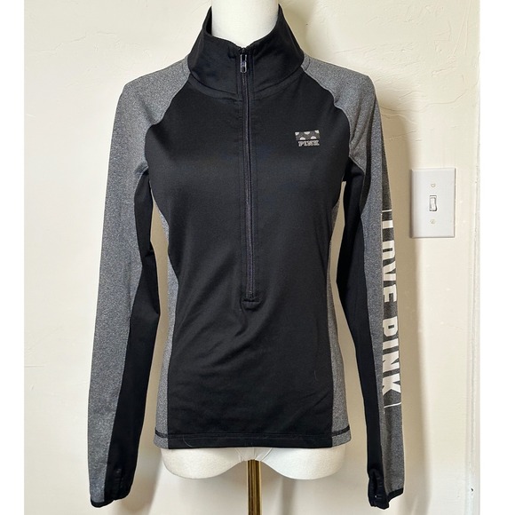 Victoria's Secret PINK Half Zip‎ Longsleeve Black Gray Logo Pullover Size XS - Picture 1 of 8